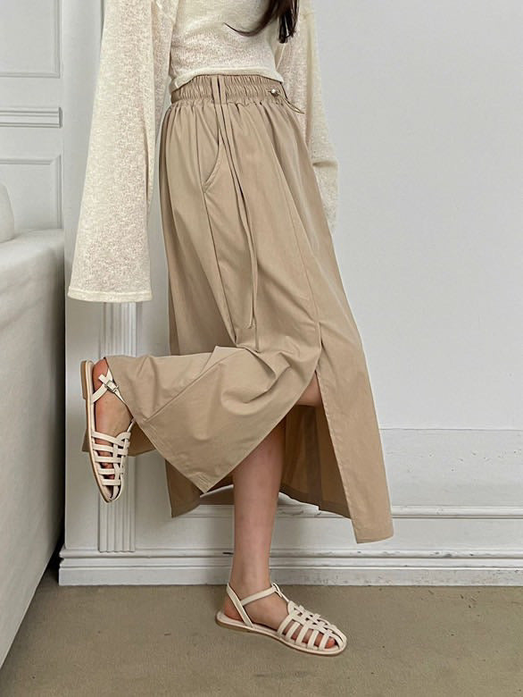 Brown Elastic Waist Long Skirt