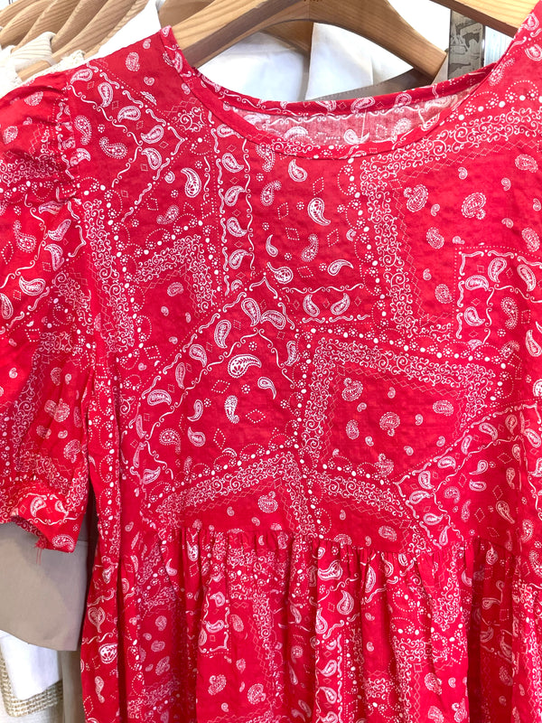 Red Puff Sleeve Dress – Round Neck with White Ethnic Print