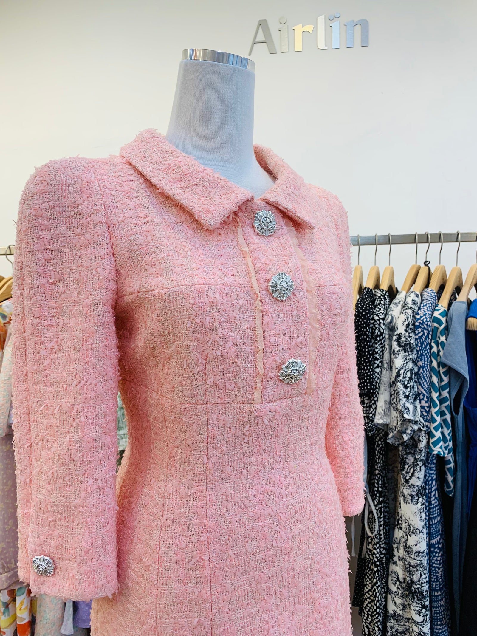 open lace back dress Pink Chanel style dress – Airlin Style
