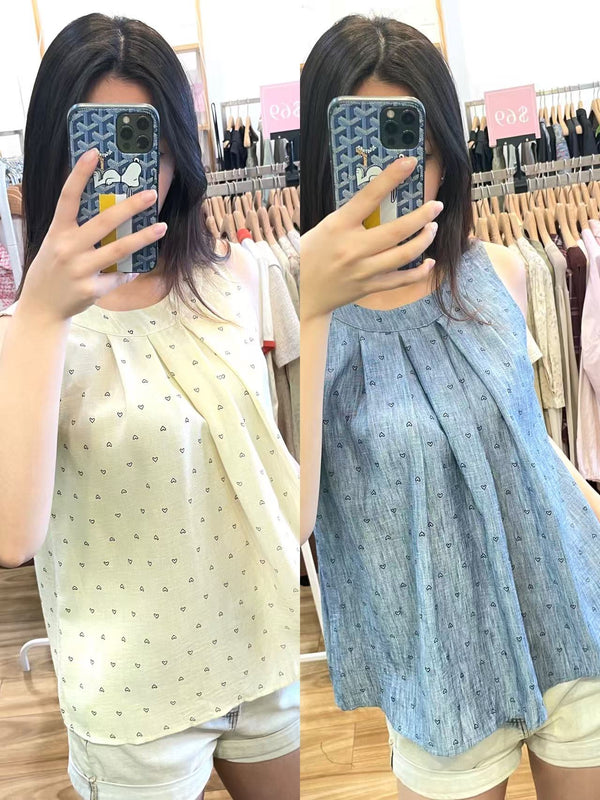 Heart-Dot Pleated Sleeveless Blouse