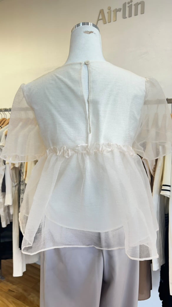 Cream Sheer Puff-sleeved Top