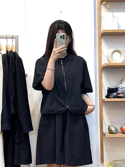 Oversized Black Short-Sleeve Jacket & Wide Short Pants Set
