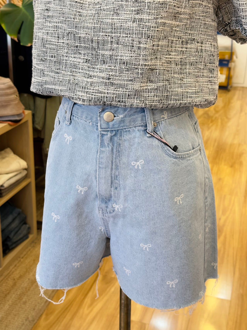 Light Sky Blue Ribbon Summer Denim Shorts