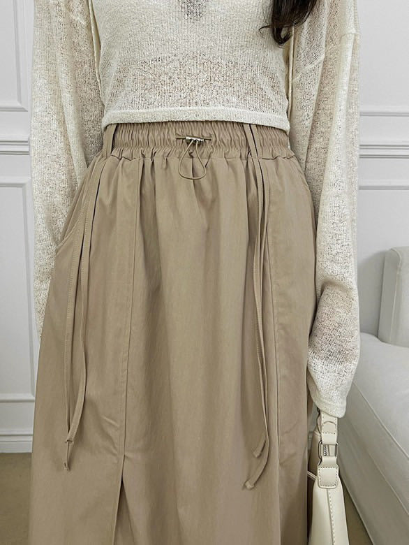 Brown Elastic Waist Long Skirt