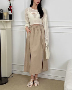 Brown Elastic Waist Long Skirt