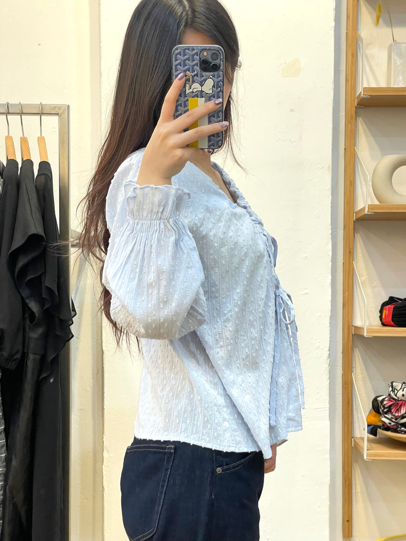 Soft Blue Ribbon Ruched Top