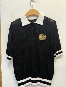 Black Knit Lace Polo Shirt