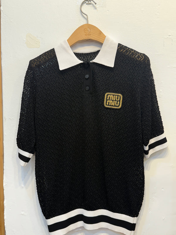 Black Knit Lace Polo Shirt