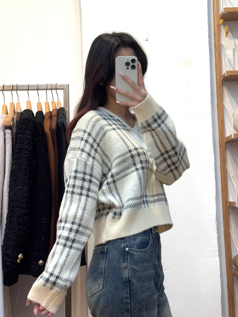 Textured Grid V-Neck Knit Sweater