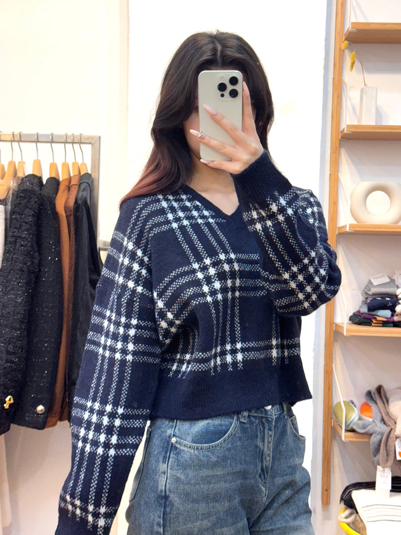 Textured Grid V-Neck Knit Sweater