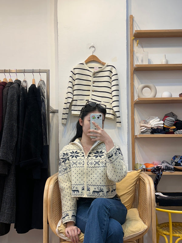 Blue and White Nordic Pattern Knit Sweater