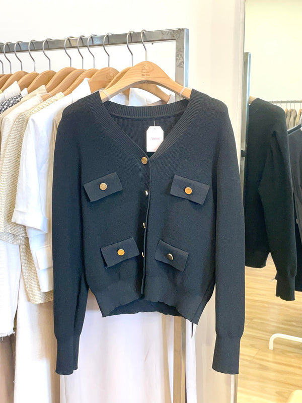 Elegant Black Cardigan – Long Sleeves with Gold Button Accents