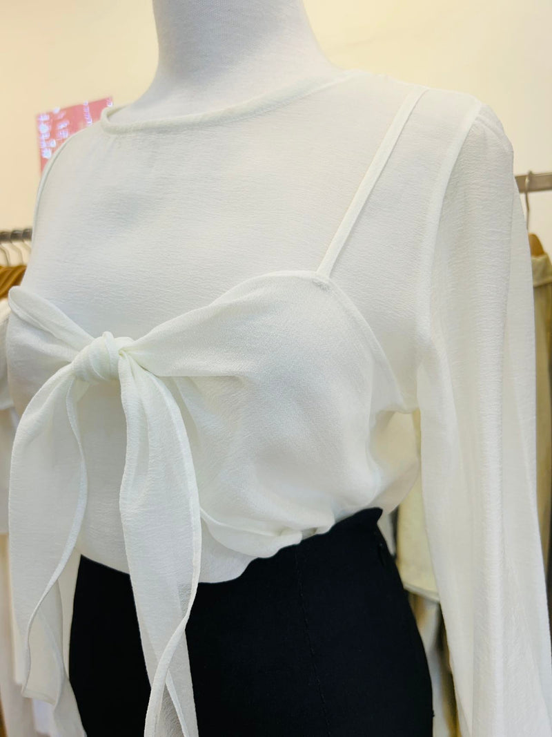 White/grey sheer bow blouse