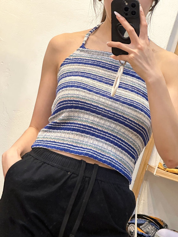 100% Linen Blue Stripes Summer Tank Top