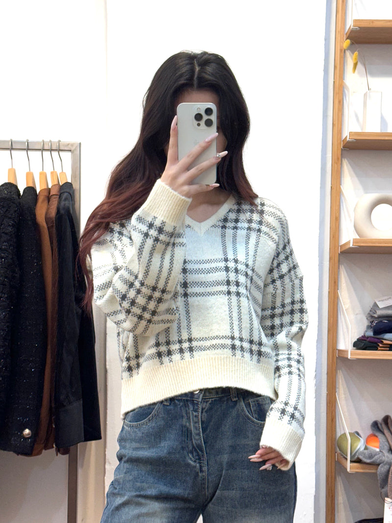 Textured Grid V-Neck Knit Sweater