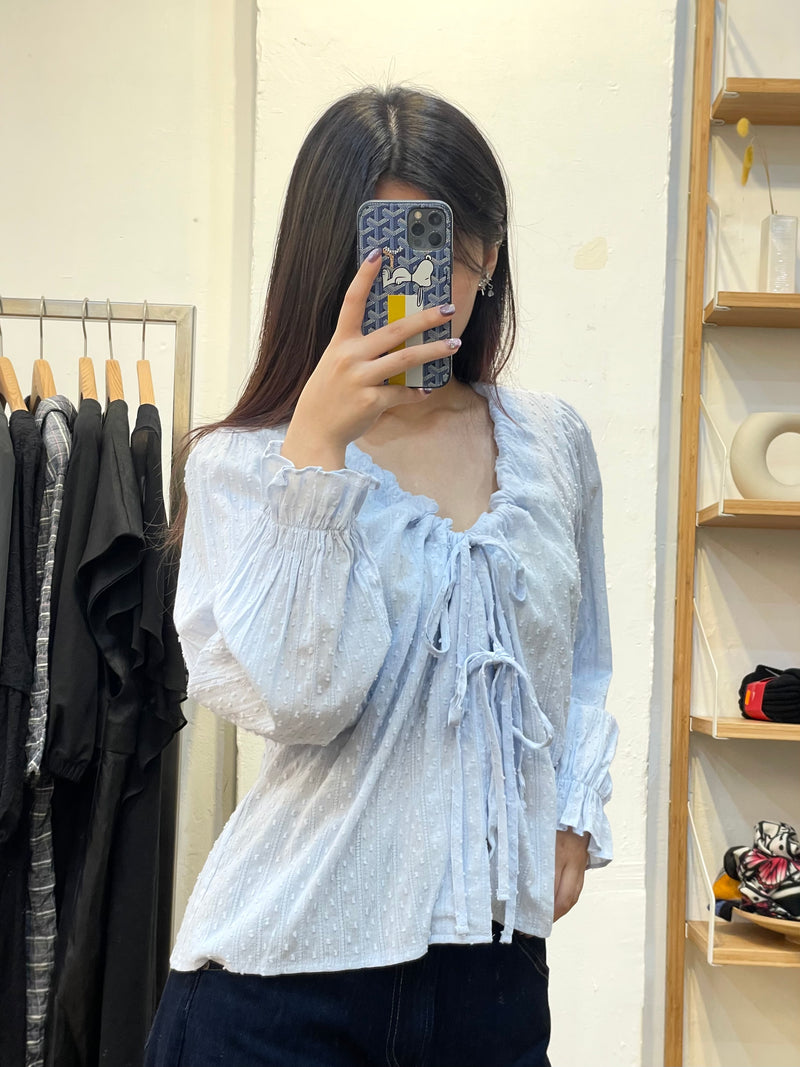 Soft Blue Ribbon Ruched Top