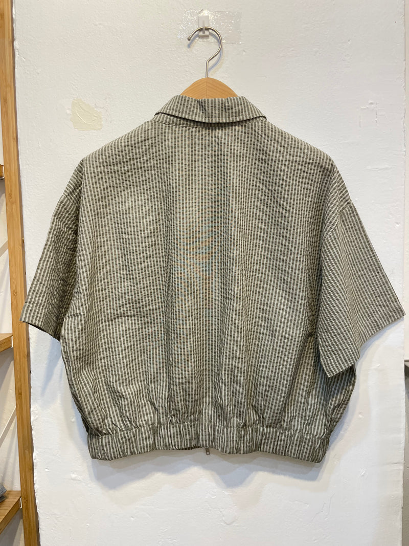 Green Striped Short-Sleeve Zip-Up Jacket