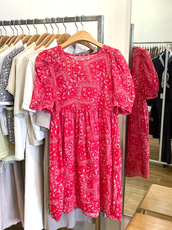 Red Puff Sleeve Dress – Round Neck with White Ethnic Print