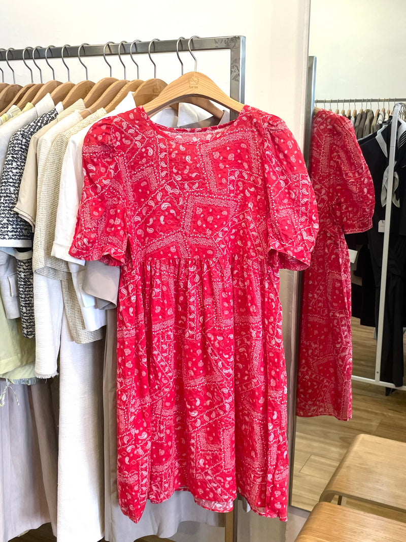 Red Puff Sleeve Dress – Round Neck with White Ethnic Print