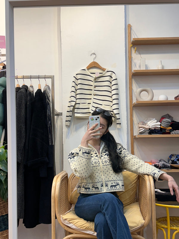 Blue and White Nordic Pattern Knit Sweater