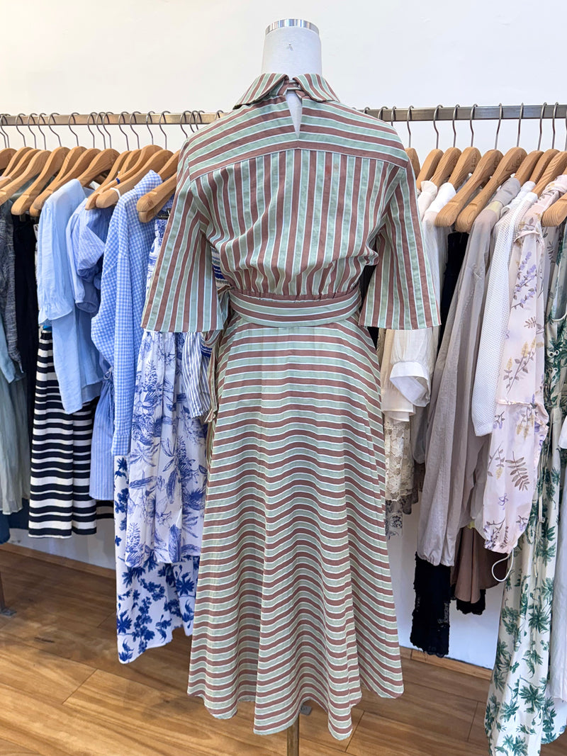 Brown and Green Stripes Shirt Long Dress