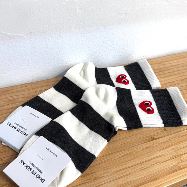 Hearts White Black Stripes Socks