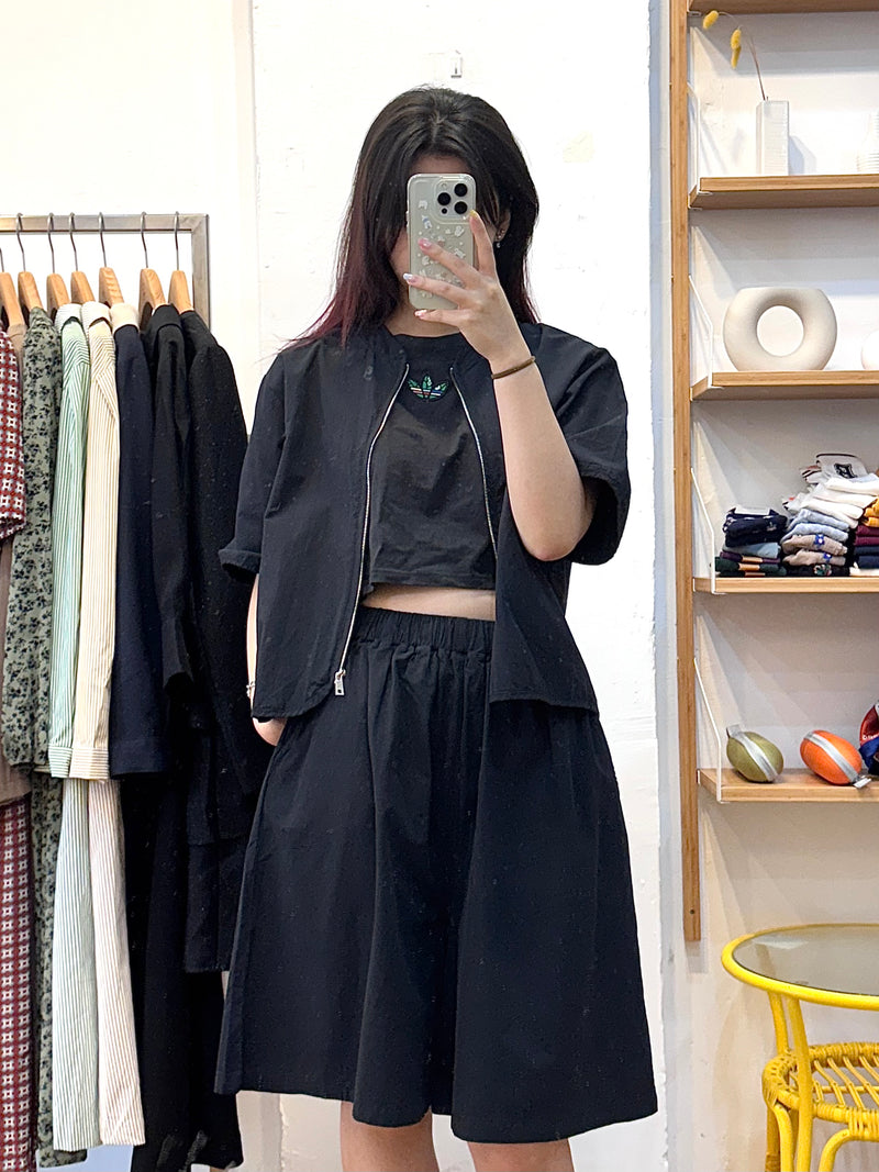 Oversized Black Short-Sleeve Jacket & Wide Short Pants Set