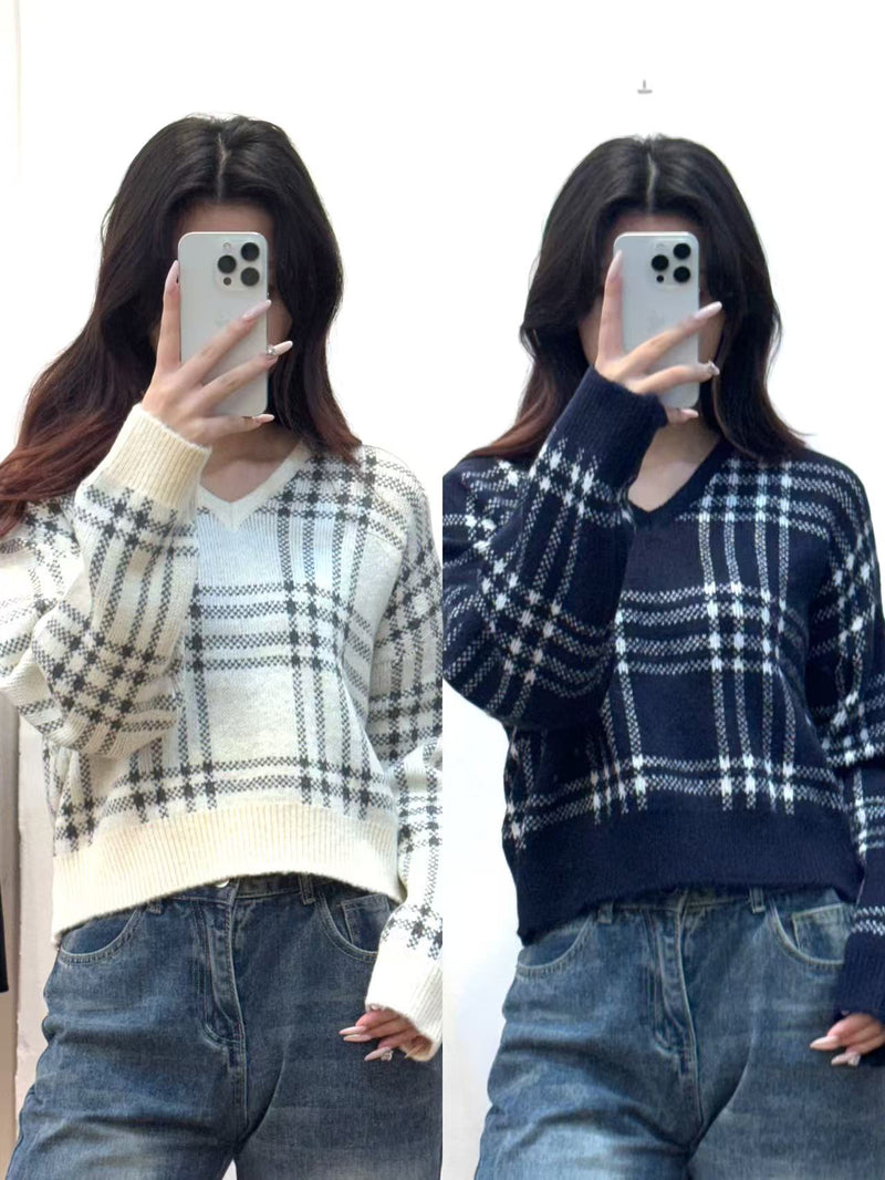 Textured Grid V-Neck Knit Sweater