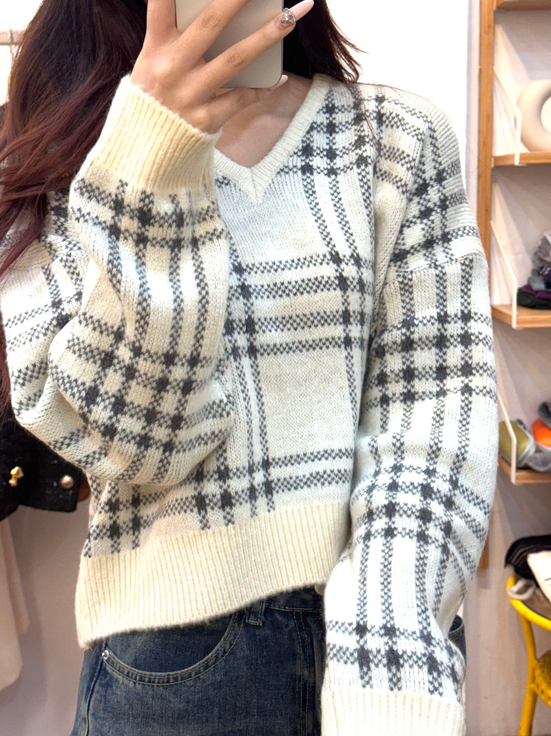 Textured Grid V-Neck Knit Sweater