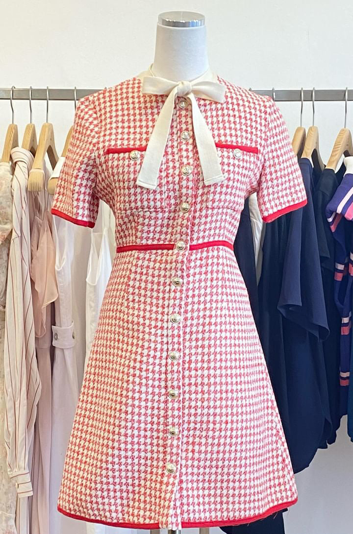 Red ribbon tweed dress