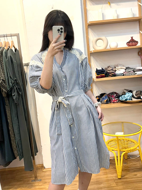 Blue Oversize Stripe Lace Long Dress