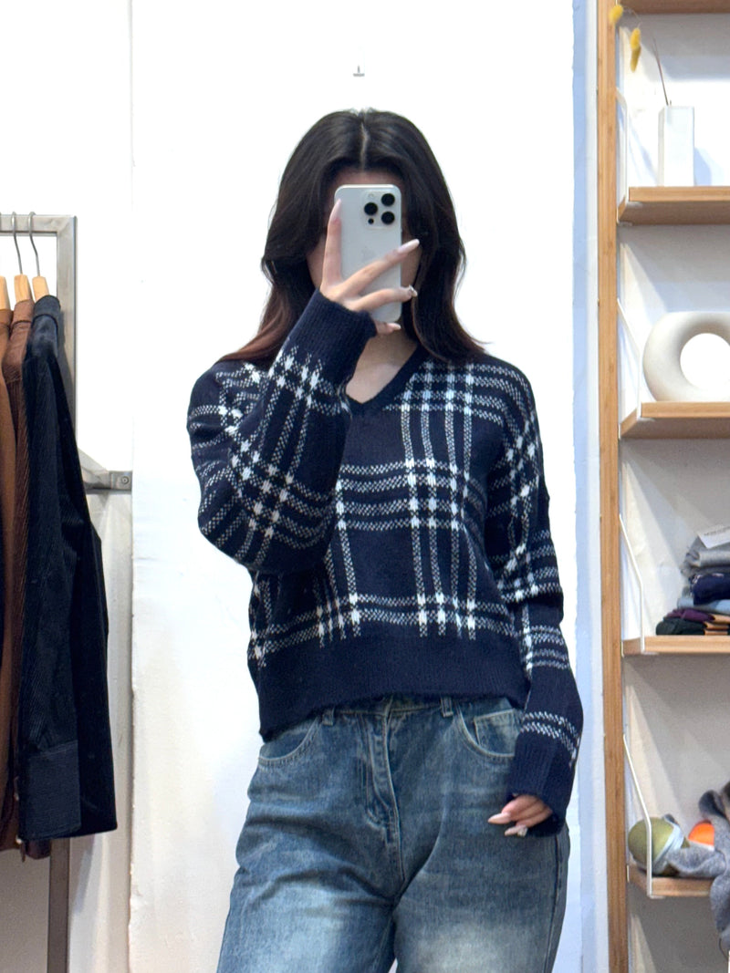 Textured Grid V-Neck Knit Sweater