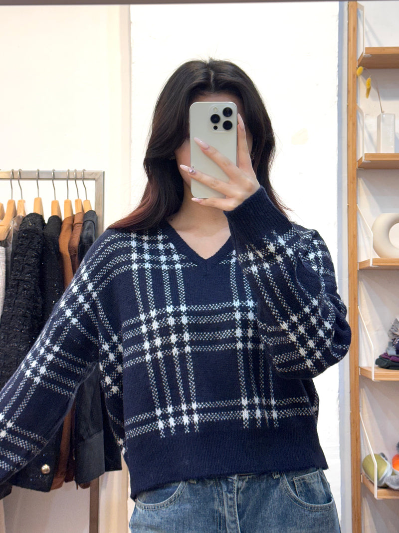 Textured Grid V-Neck Knit Sweater