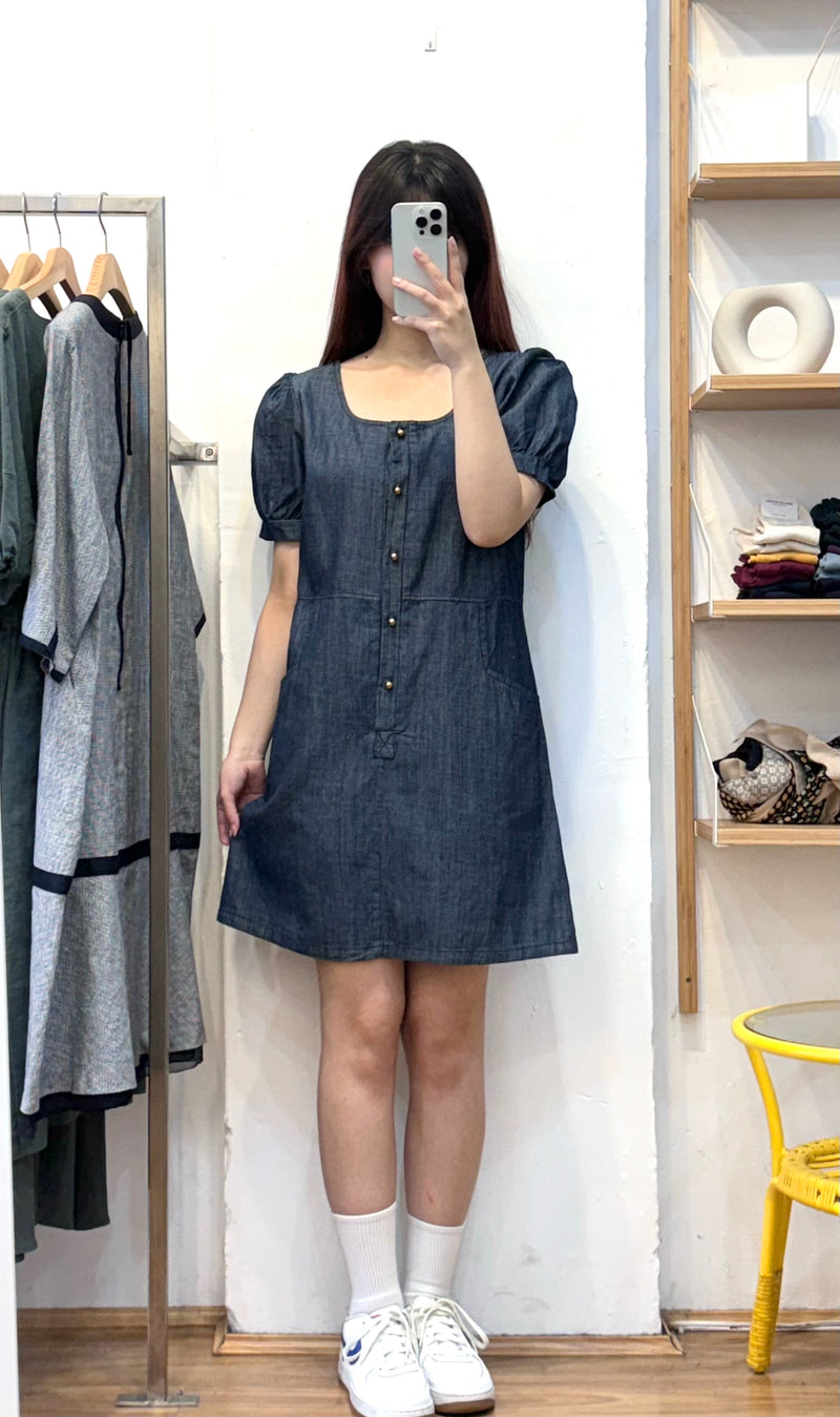 Puff-sleeve Denim Dress