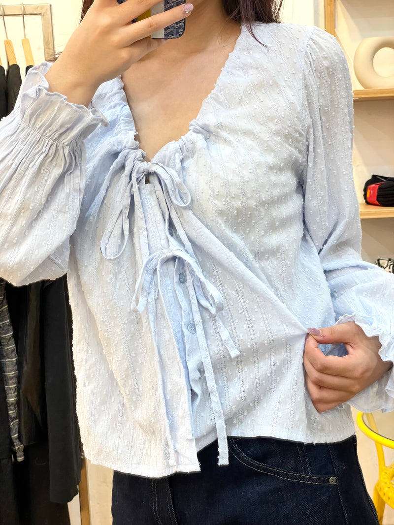 Soft Blue Ribbon Ruched Top