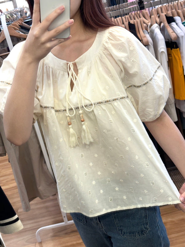 Summer White Tassel Puff-sleeve Top