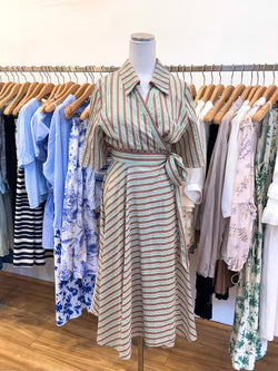 Brown and Green Stripes Shirt Long Dress