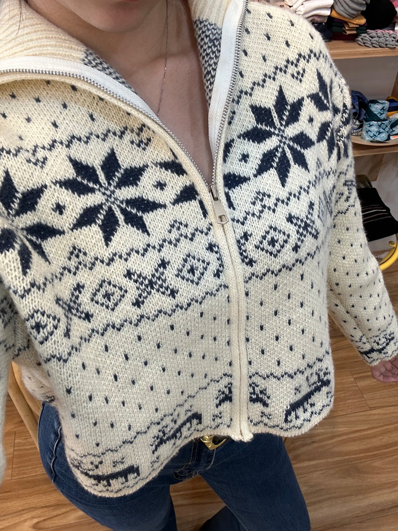 Blue and White Nordic Pattern Knit Sweater