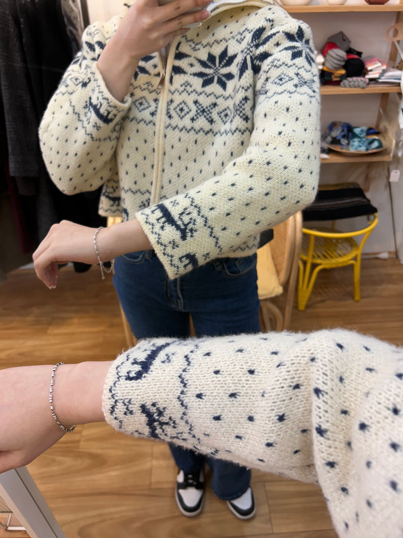 Blue and White Nordic Pattern Knit Sweater