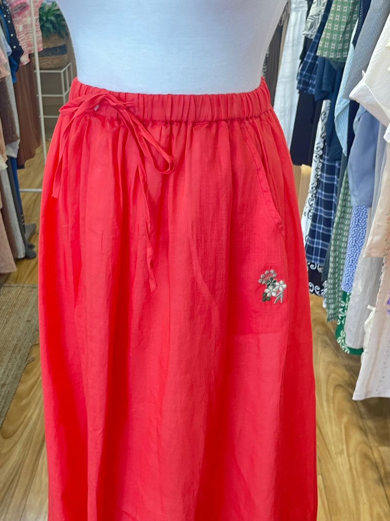 100% Linen Summer Red Rose Long skirt