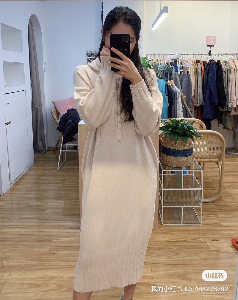 Long hoodie style ivory colour knit dress