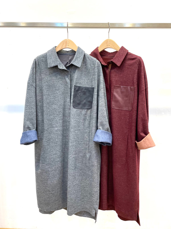 Wool leather patched pocket oversized dress